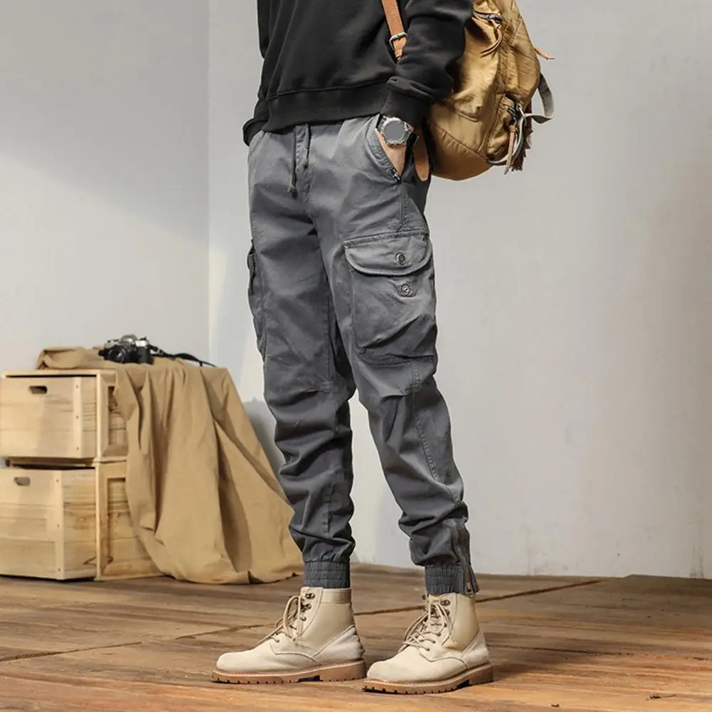 Multi-pocket Design Trousers Men's Cargo Pants with Drawstring Elastic Waist Multiple Pockets Ankle-banded Design for Streetwear