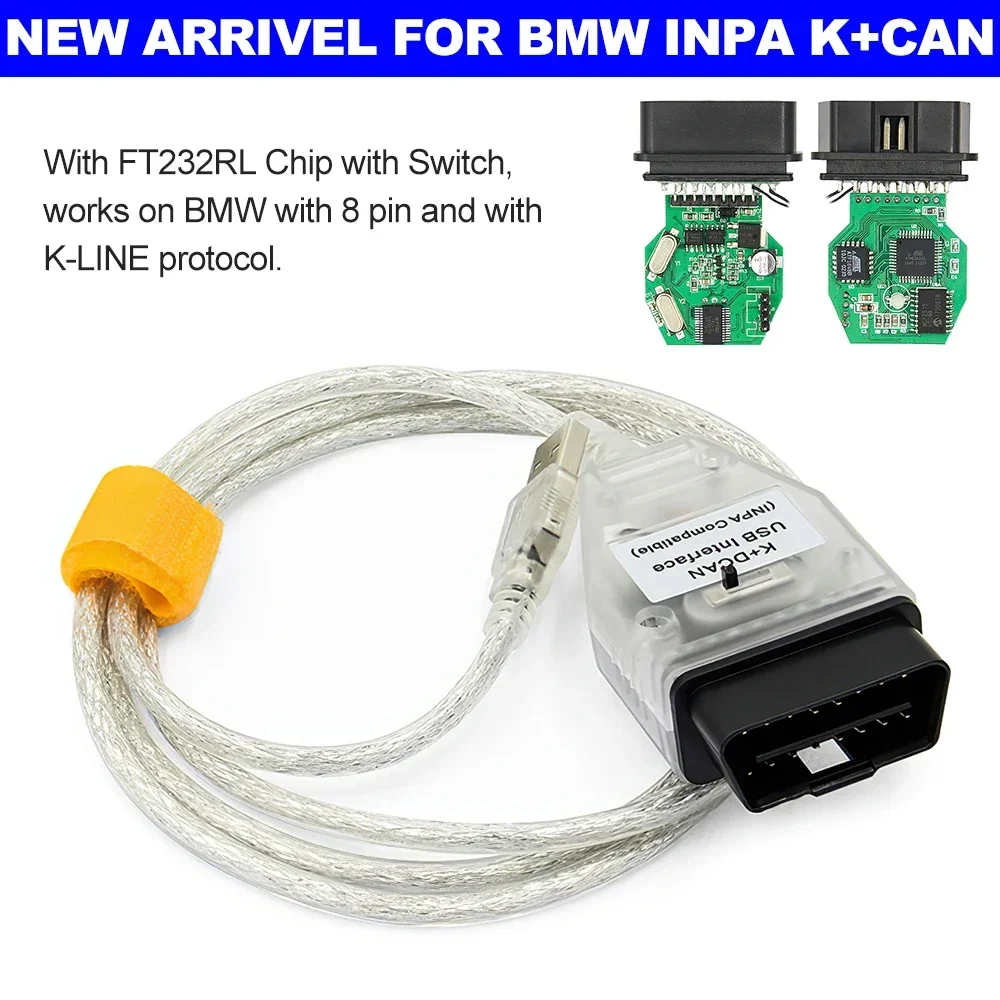 Kabel OBD2 Pasuje do BMW Inpa K+D Can FTDI FT232RL Chip z Przełącznikiem
