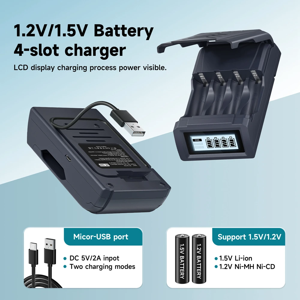 4 Slot LCD Display Smart Battery Charger for 1.2V AA/AAA Ni-MH Ni-CD Rechargeable Batteries for 1.5V AA/AAA Li-ion Battery