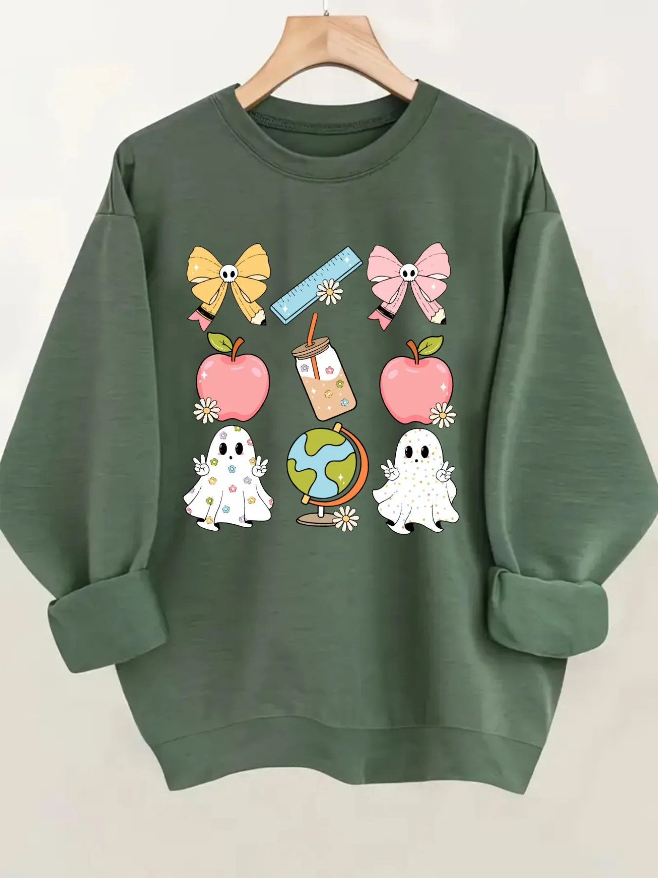 Women's Crew Neck Pullover Sweatshirt Cute School Ghosts Design, Soft Casual Long Sleeve, Daily Casual Top Outfit, Winter Women's Clothing, Halloween Costume Outfit
