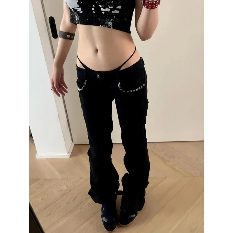Jean évasé Vintage noir taille basse pour femmes, pantalon en Denim américain rétro Rivet Slim des années 90, bas de cloche Y2k Harajuku Kpop