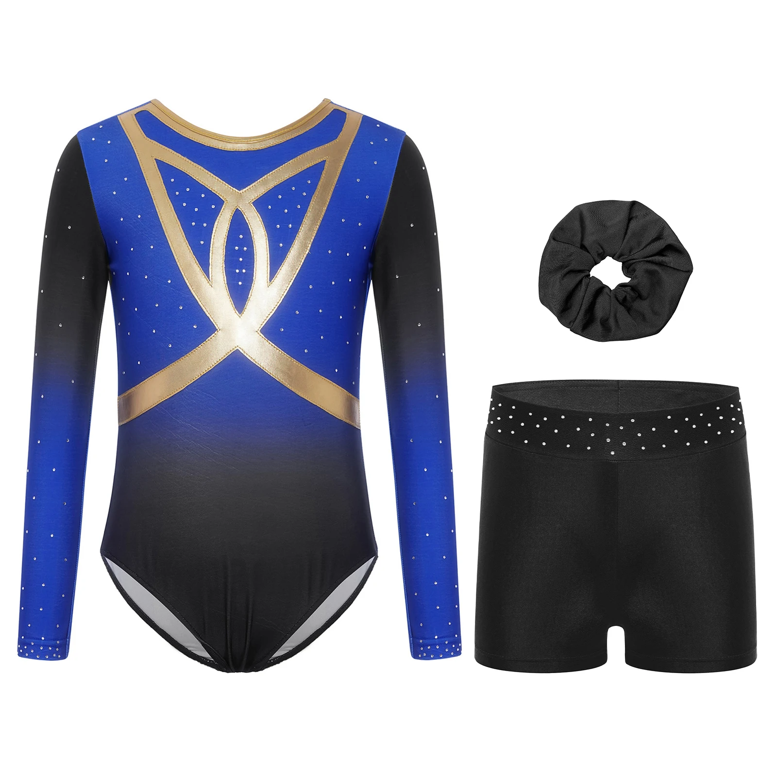 4 pçs crianças meninas ginástica patinação artística dança outfit manga longa strass brilhantes cor gradiente collant + shorts + faixa de cabelo conjunto