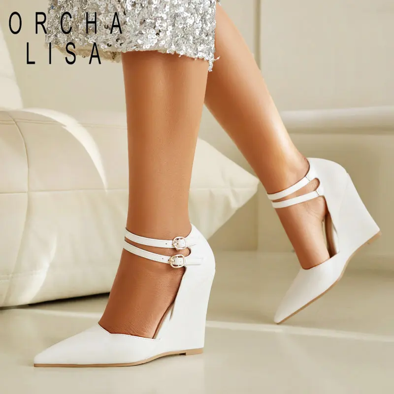 ORCHA LISA Fashion Women Pumps Pointed Toe Wedges High Heel Double Buckle Straps Large Size 45 46 Sexy Wedding Mary Janes Shoes