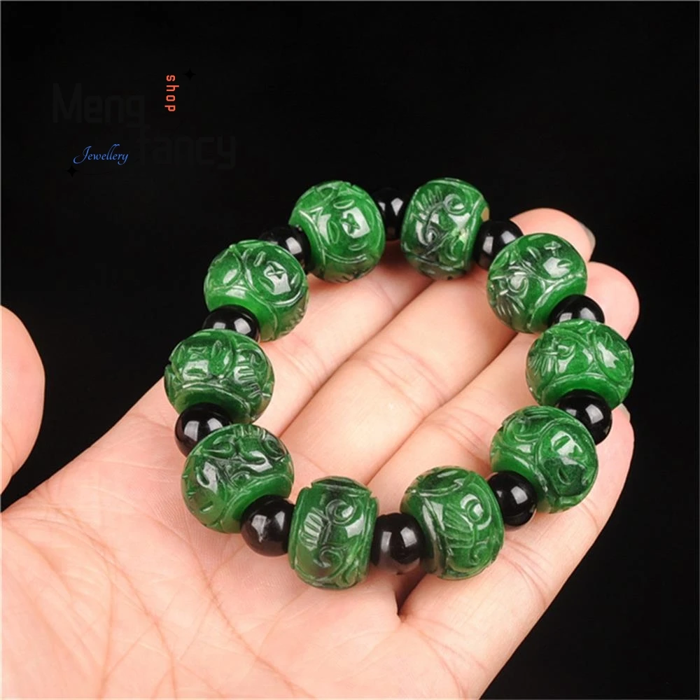 Natural Burma Jadeite Dry Green Carved Bracelet Retro Charms Fashion Emerald Fine Jewelry Amulet Men Women Luxury Holiday Gifts