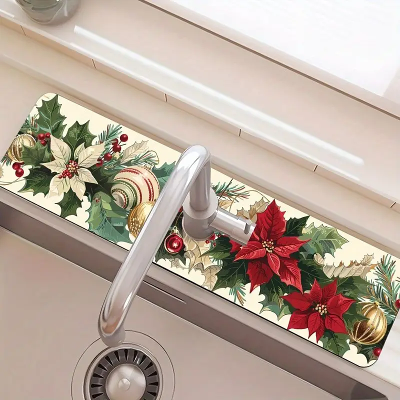 VIKAMA Faucet Splash Guard Poinsettia Holly Berry Cream Kitchen Sink Mat Absorbent Non Slip Holiday Decor