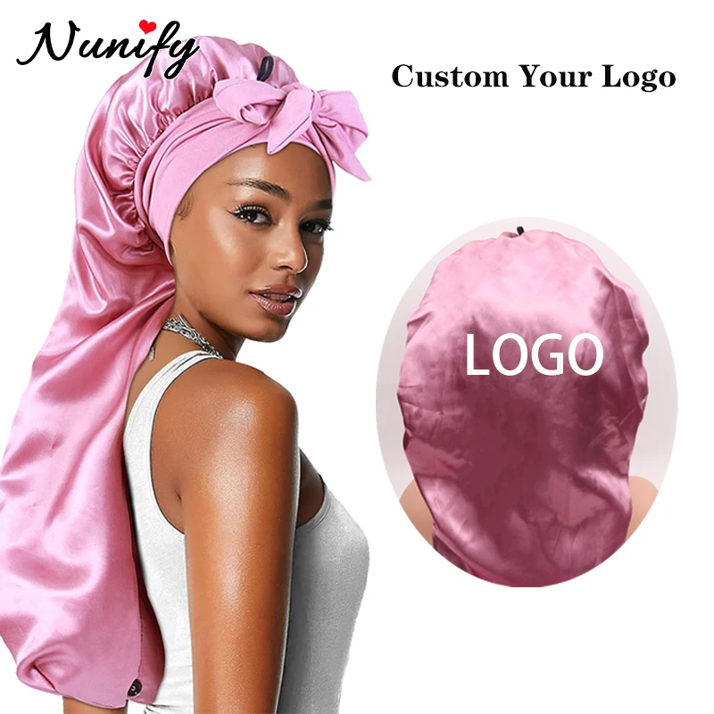 

Personalize Long Satin Bonnets For Braids Locs Large Silky Hair Bonnet With Tie For Women Sleeping Add Logo Curly Hair Bonnet