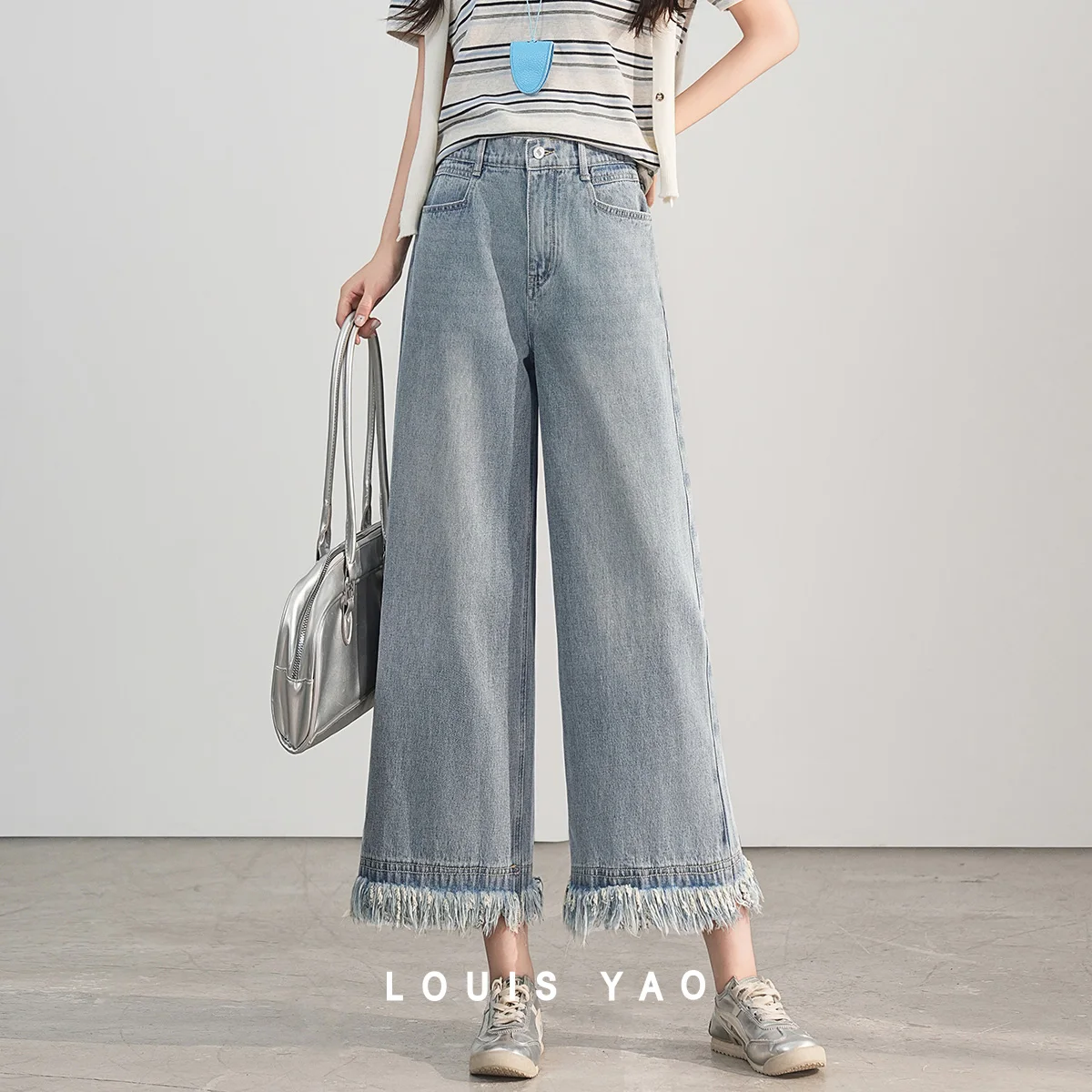 

LOUIS YAO Denim Cropped Pants 2025 Summer High Waisted Retro Pants Legs Layering Design Elastic Waisted Straight Leg Pants