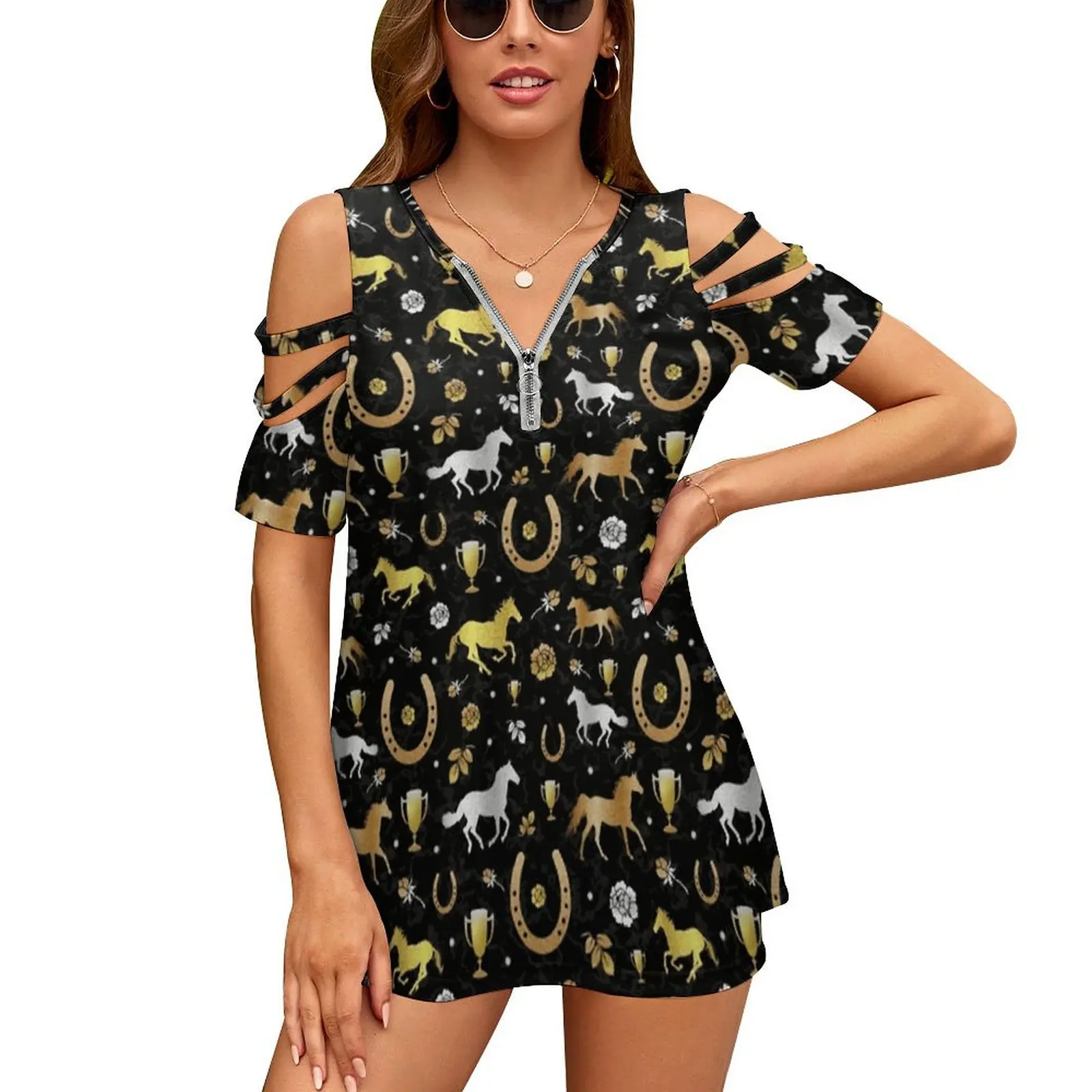 Horse Racing Derby Day Party Black Gold Pattern Women'S T-Shirt Summer Fashion Print Floral V-Neck Zipper Tshirt Hollow