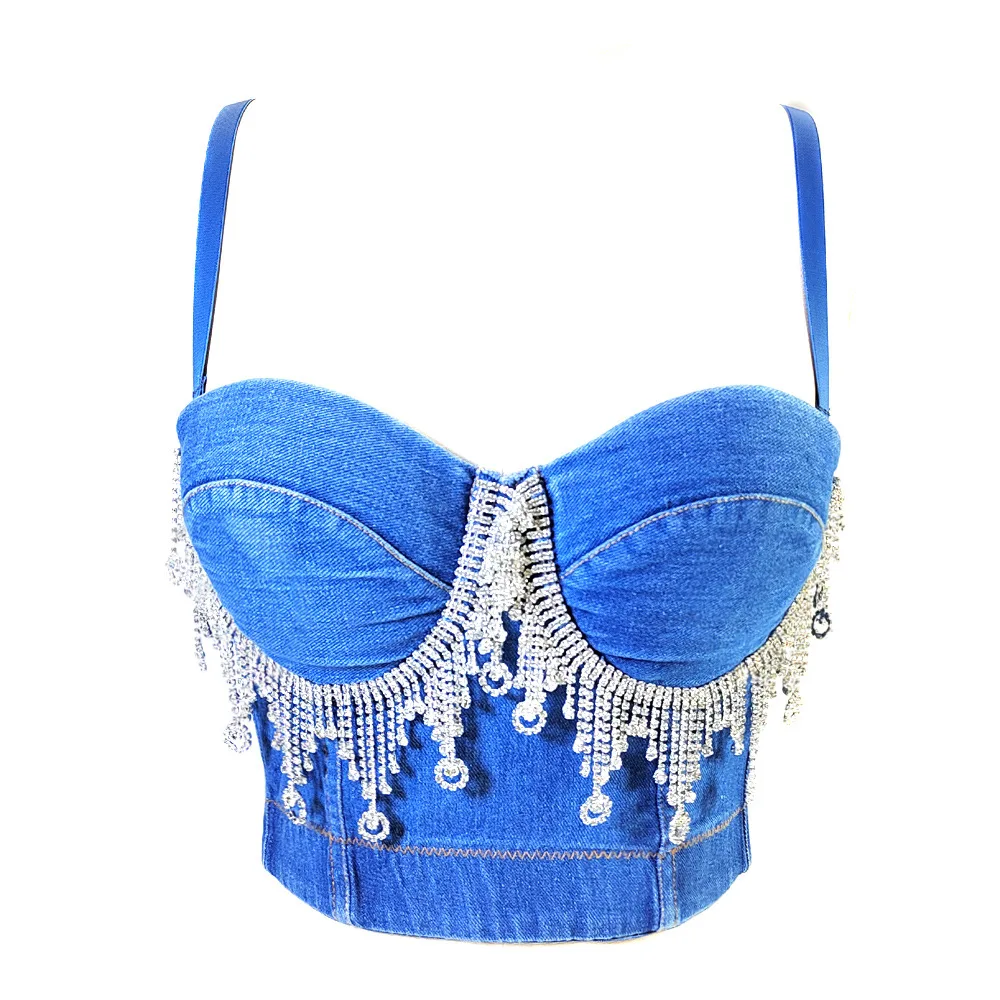 Cupnaya Faux Diamonds Fringes Women Sexy Blue Denim Bustier Removable Strap Push-Up Short Corset Comfortable Slim Fit Crop Tops