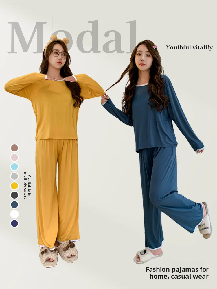 

Large Size Modal Sleepwear Long Sleeve round Neck Casual Thin Two-Piece Set Comfortable Home Clothes for Women Spring Autumn