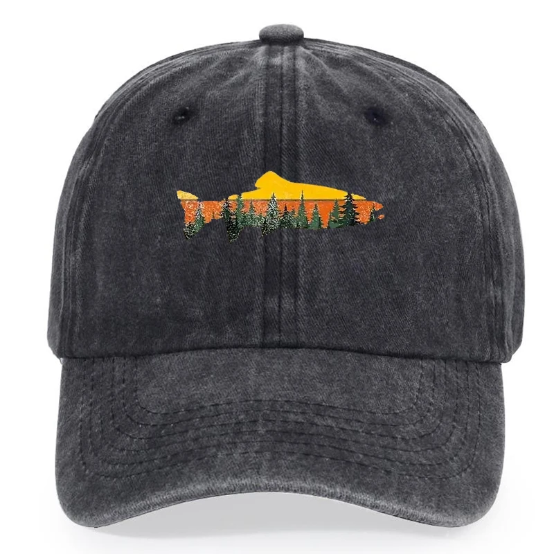 Men's vintage washed baseball cap with fish pattern, suitable for golfing, adjustable sun hat