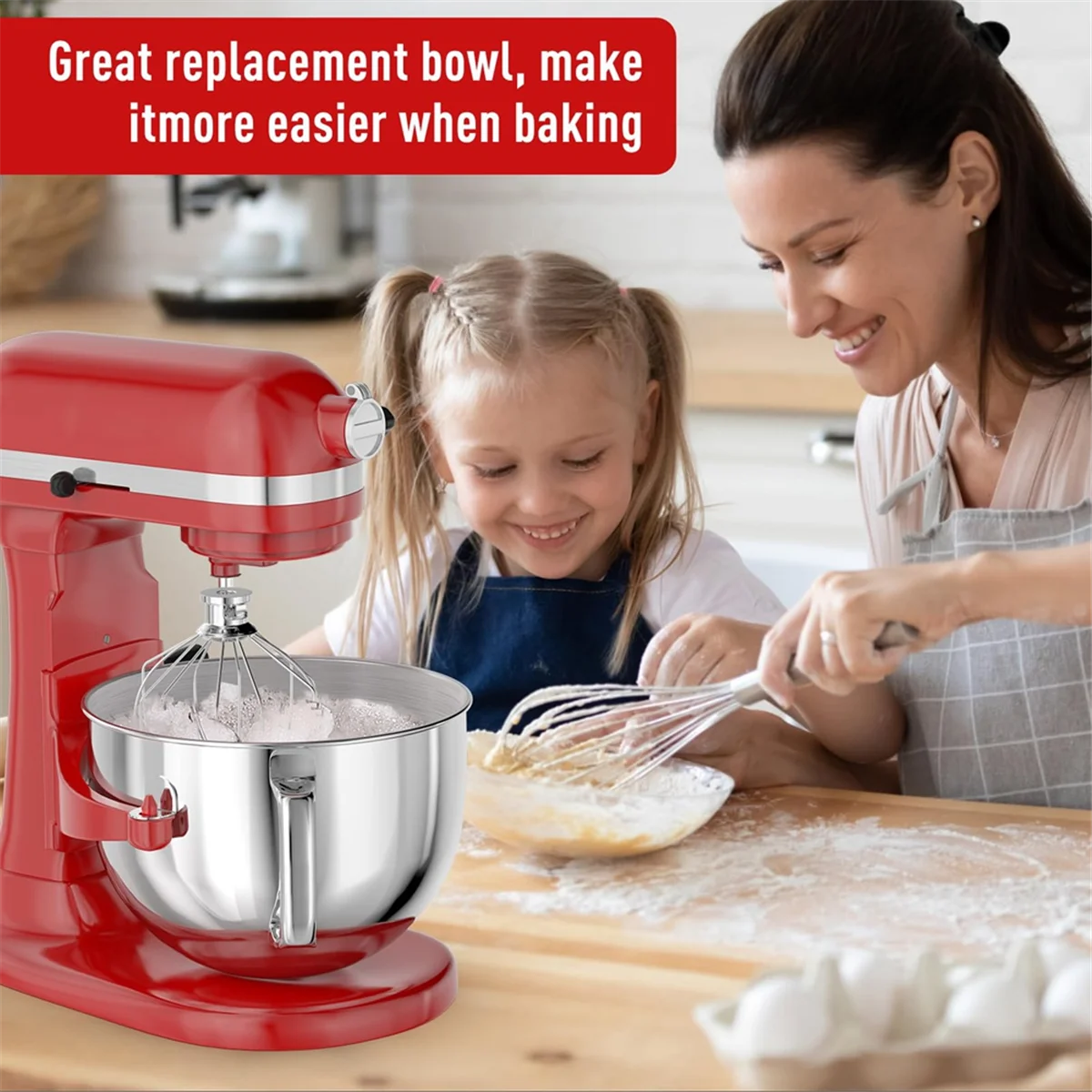 Tigela misturadora de aço inoxidável para Kitchen Aid, Stand Mixers, misturador de cabeça inclinada com alça, 6QT