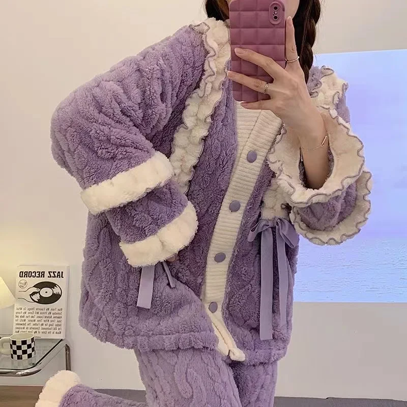 Purple Coral Fleece Pajamas Sets for Women Winter Thick Warm Long-Sleeved Trousers Homewear 2 Pcs/lot Sleepwear