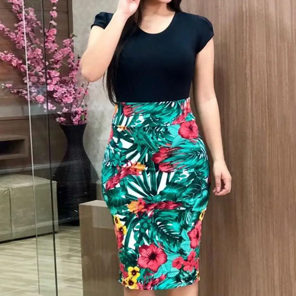 

Women Printed Dress Elegant High-waist Dress Elegant Knee Length Summer Dress with Round Neck Short Sleeve for Women for Lady