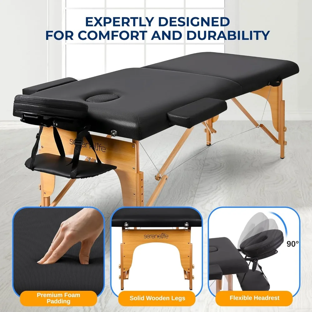 SereneLife-table de massage portable, lit de massage professionnel, pliable et réglable, avec sac de transport, 3 spams