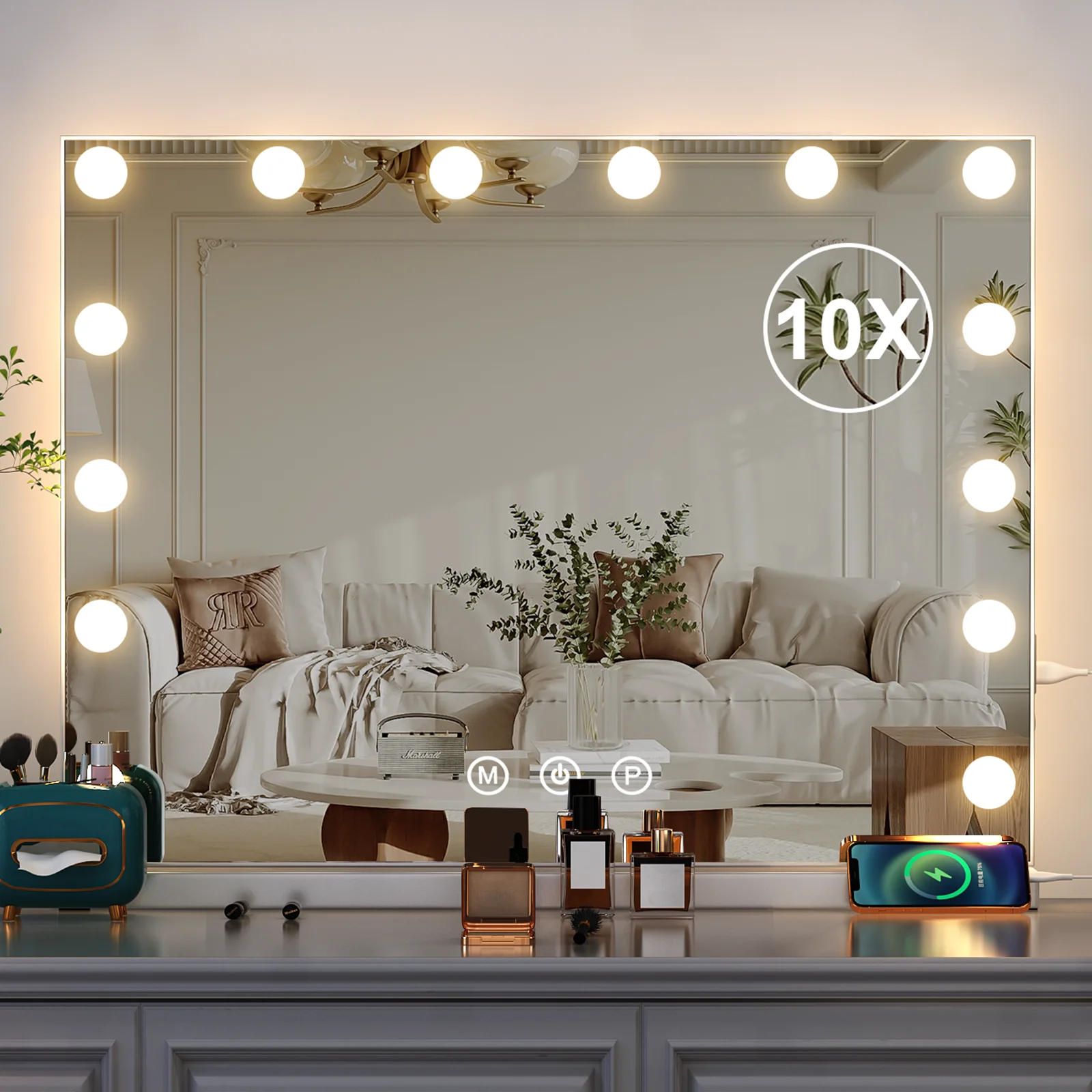 Hollywood Tischspiegel Schminkspiegel Beleuchtung Drei Farben Dimmbar mit 14 LED