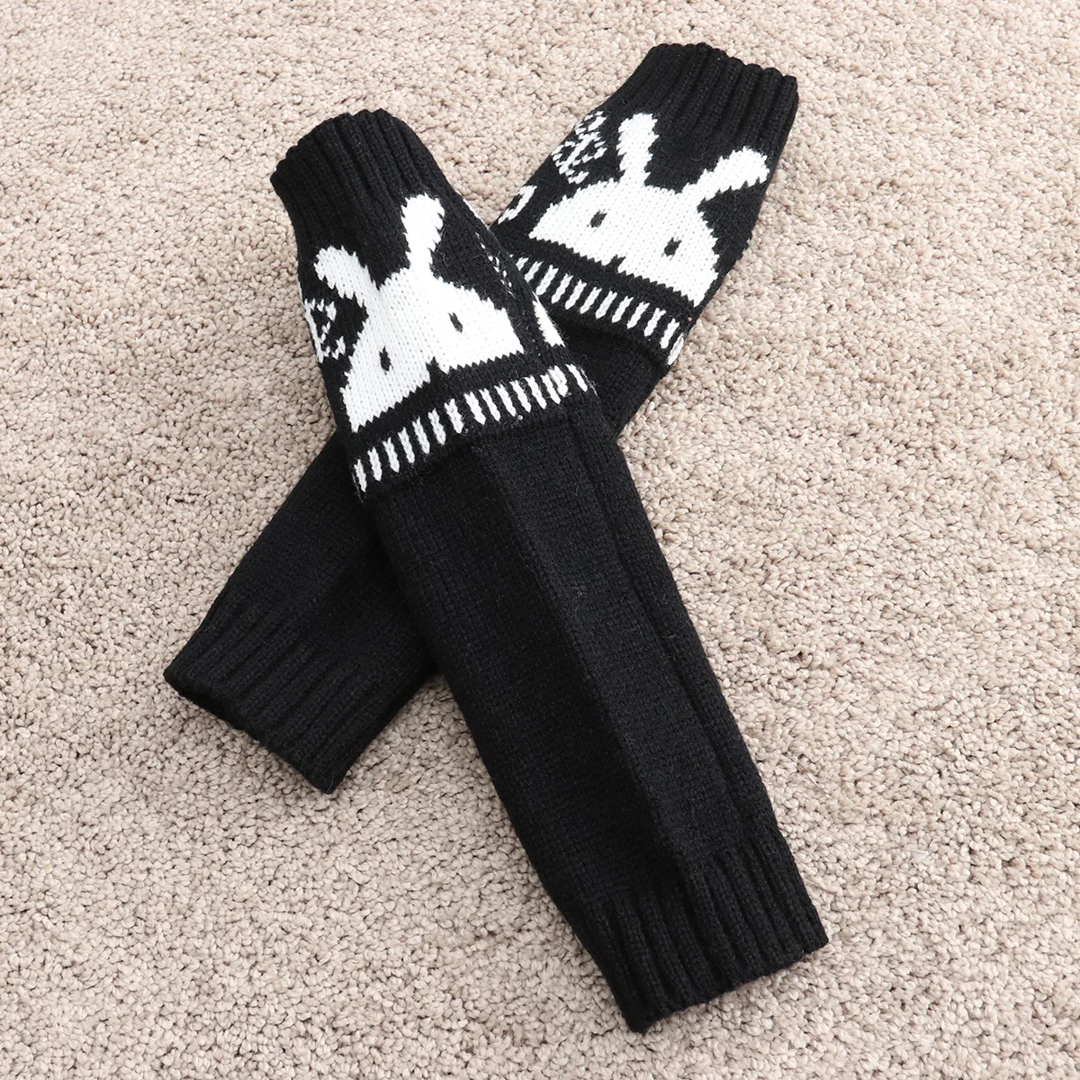 1 زوج أسود الصوف الذراع دفئا أرنب تصميم الإبهام قفاز الشتاء أصابع كم للجنسين الذراع اليد حامي للرجال والنساء #2