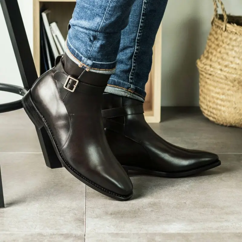 

Black Men Short Genuine Leather Boots Comfortable Fashion With Heel 2025 Classic Buckle Strap Chelsea Boots Autumn Shoes Men