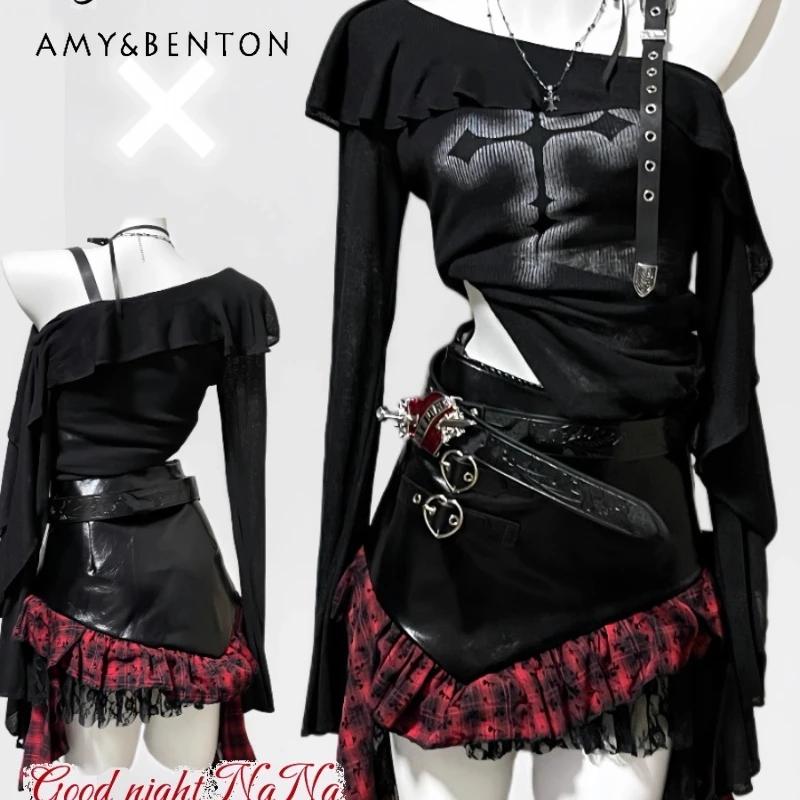 

Autumn New Punk Dark Leather Buckle Ruffled Off-Shoulder T-Shirt Gothic Design Lace Splicing Irregular PU Short Skirt Set Ladies