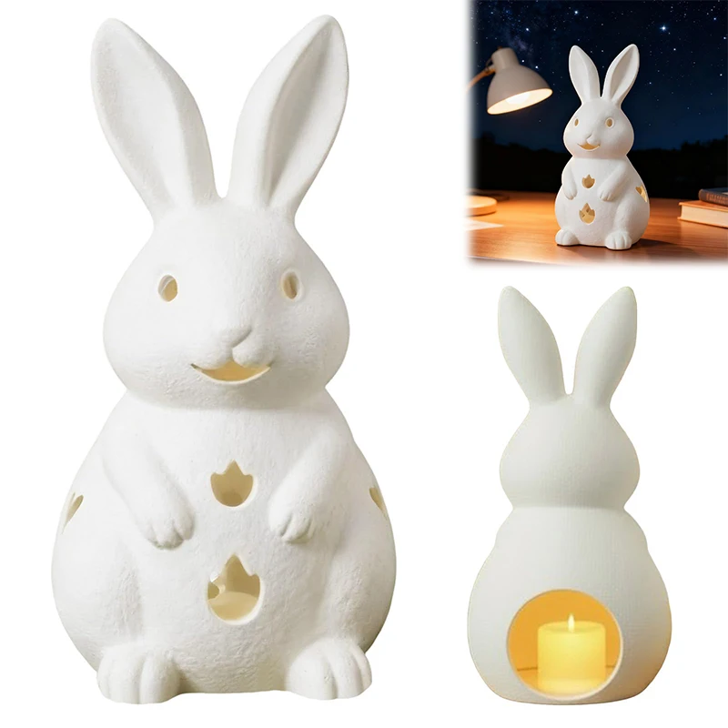 Easter Hollowed Out Rabbit Resin Candlestick, White Bunny Candle Holder, Home Decoration With Tea Light Opening
