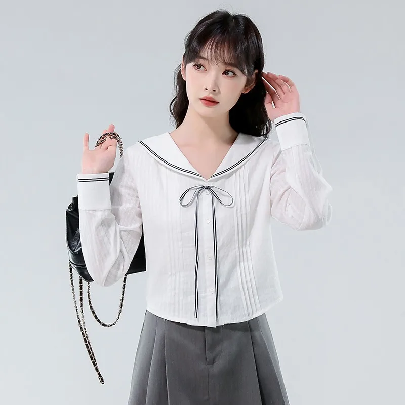 

White Navy Collar Knot Long Sleeve Shirt Women's Spring Summer Simple Commute Versatile Small Top Cotton Polyester