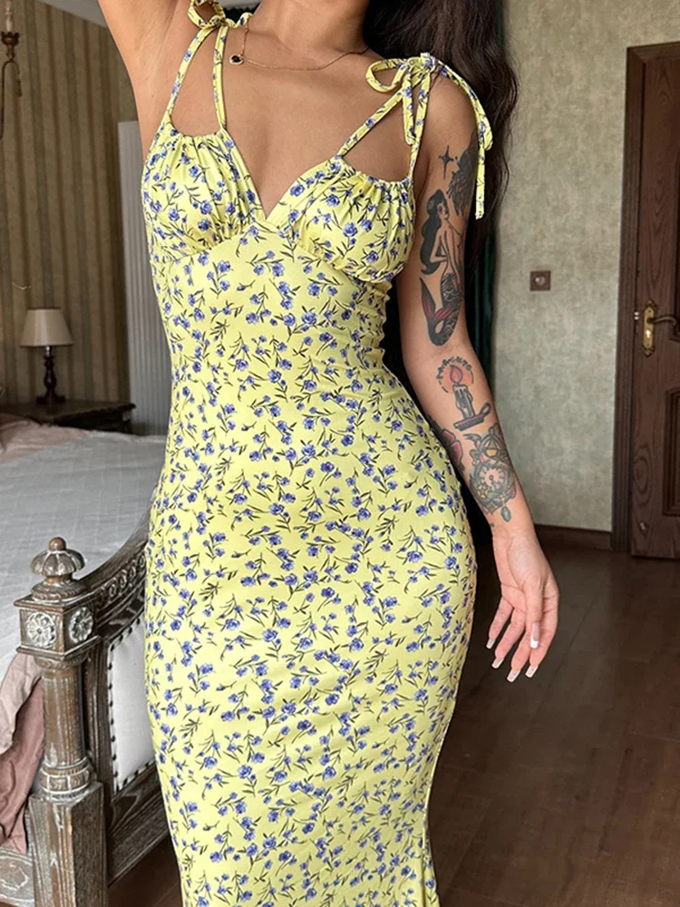 Women Flowers Suspender Dress Hip Wrap Elegant Sexy Sleeveless Backless Slim Female Beach Evening Party Bodycon Dress 2024