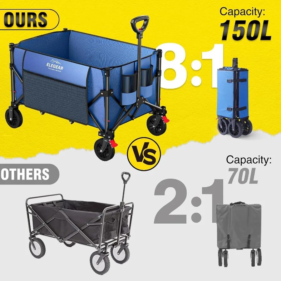 عربة عربة قابلة للطي بسعة كبيرة 150 لتر ودعم وزن 330 رطل للتخييم والحديقة والتسوق والبقالة والرياضة
