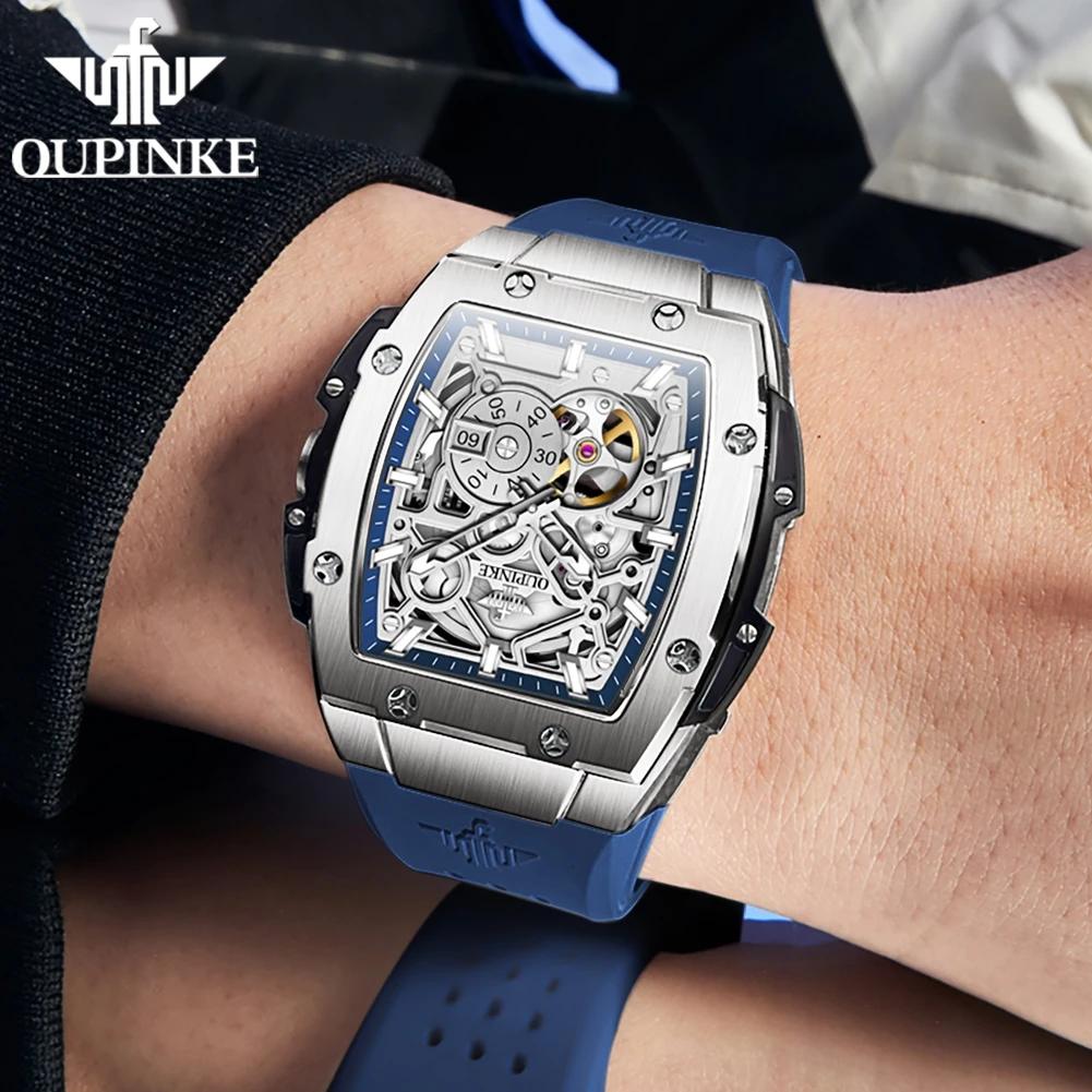 OUPINKE Men's Watches Top Brand Original Hollow Out Automatic Mechanical Wristwatch Silicone Strap Independent Second Hand Dial