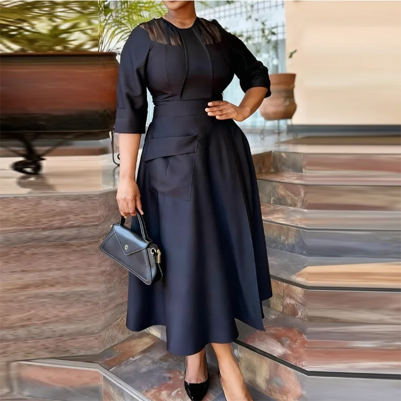 2025年トレンド　Oネック半袖ワンピース　秋　エレガント　メッシュパッチワーク　ハイウエストロングワンピース　カジュアルポケット付き　無地Aラインワンピース