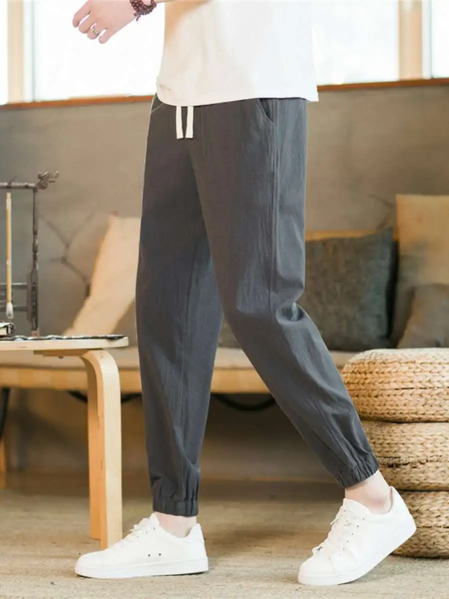 

Летние свободные повседневные брюки из хлопка и льна для мужчин и подростков, укороченные шаровары из чистого хлопка с манжетами, модные брюки со средней посадкой