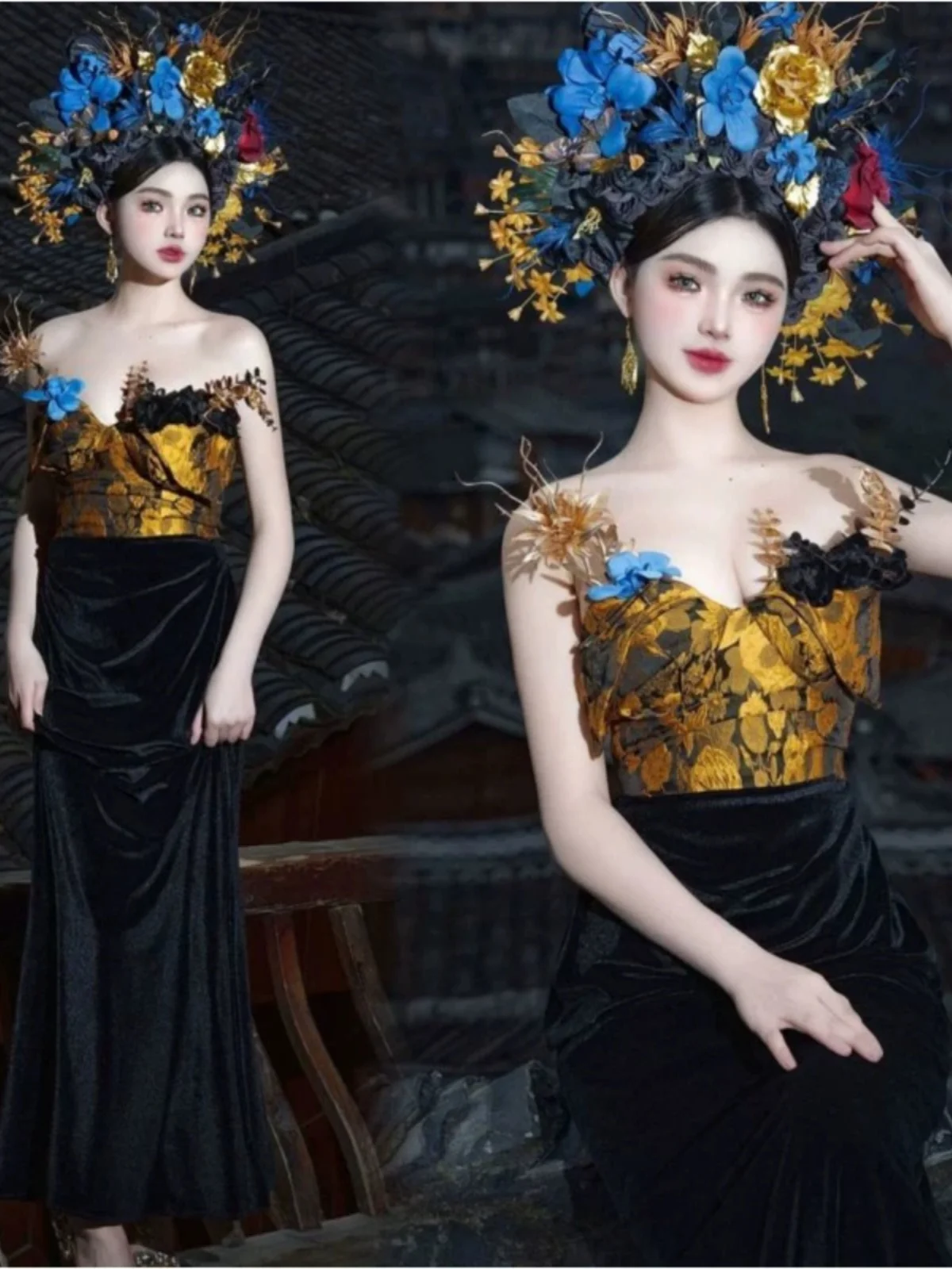 

New Chinese Style Velvet Dress Women's Hairpin Flower Travel Photography Ethnic Fashion Quanzhou Xunpu Female Model Clothing
