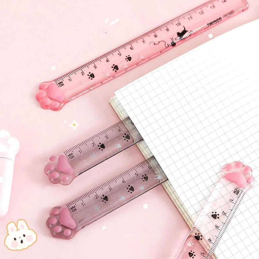 1Pcs Kawaii Cat Paw Straight Ruler Cute Transparent Rulers Student Stationery Measuring Drawing Tools Office School Supplies