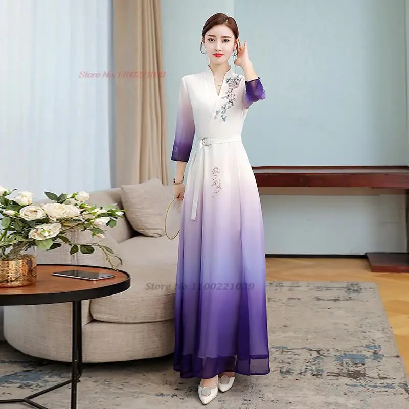 

2025 national flower embroidery dress chinese improved gradient color qipao retro cheongsam v-neck dress banquet evening dress