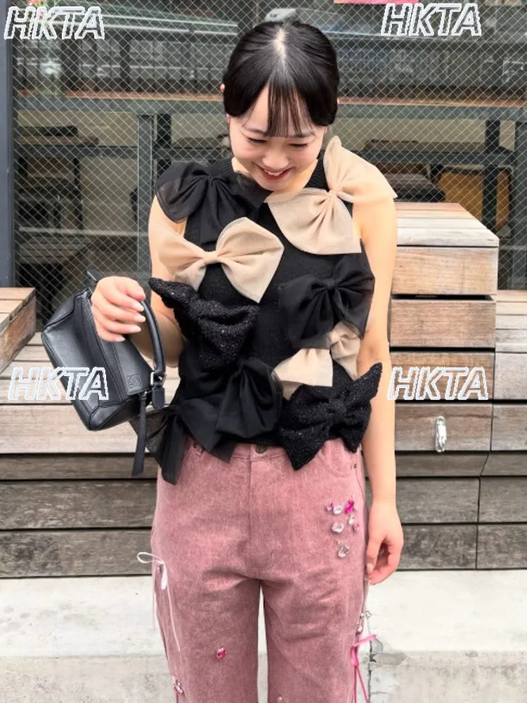 Original Japanese Three-dimensional Big Bow Knitted Sweater Vest Women Mesh Sleeveless Vest Stacked Wear Tops Girl Tank Top Y2k