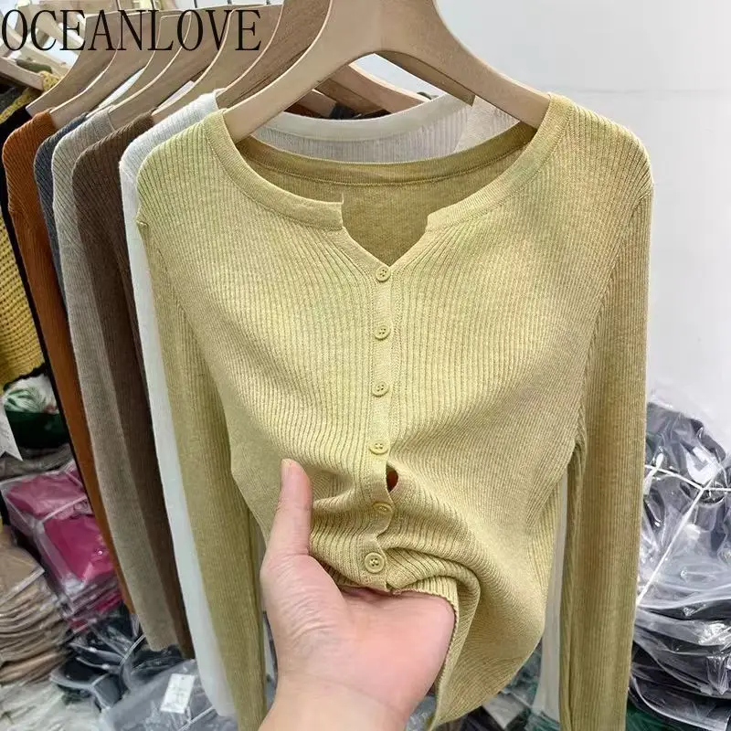 

OCEANLOVE Thin Cardigans Solid Spring Autumn Single Breasted Korean Fashion Woman Sweaters Simple Basics Sueter Mujer