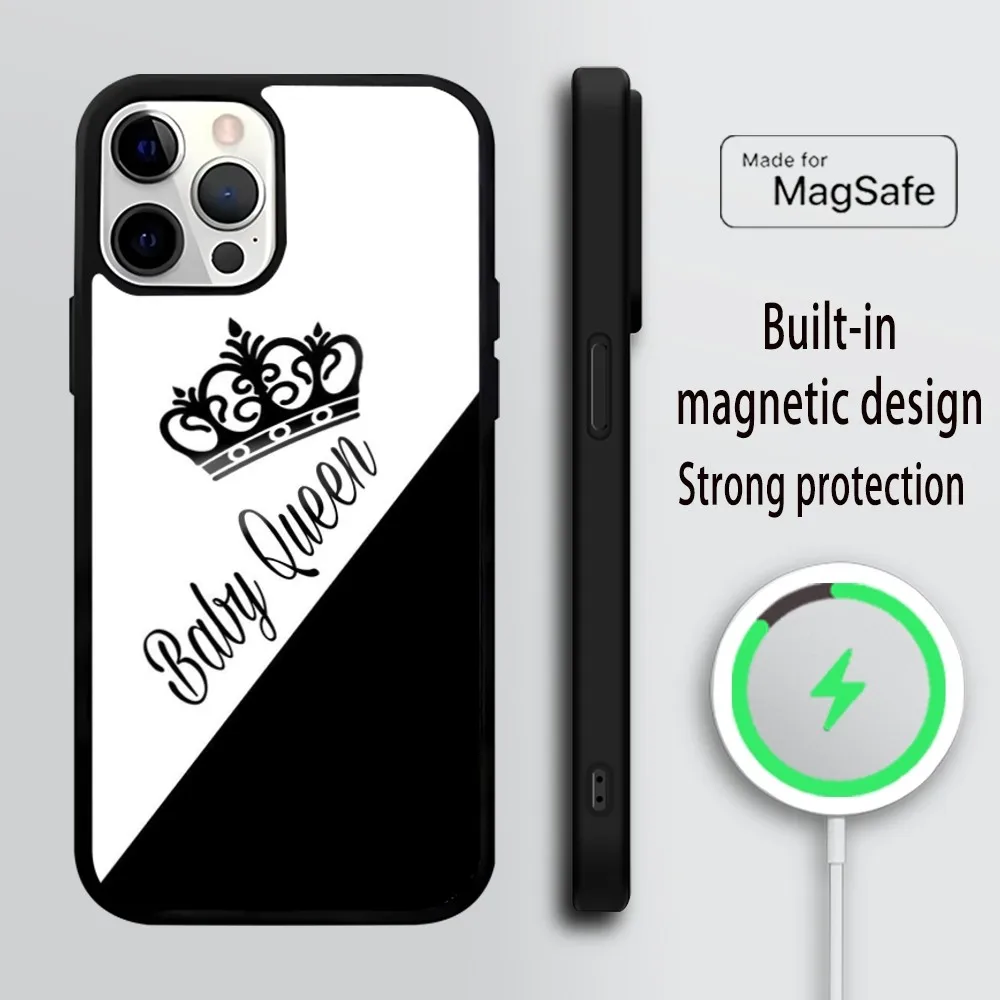 Black and white king and queen Phone Case For iPhone 16 15 14 13 12 11 Pro Max Plus Mini Mirror Wireless magnetic case