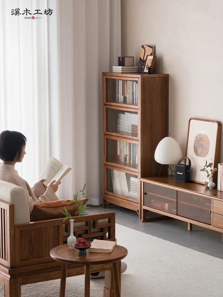 Solid Wood TV Cabinet Living Room Storage Cabinet Simple Elm Floor Cabinet Sliding Door Locker