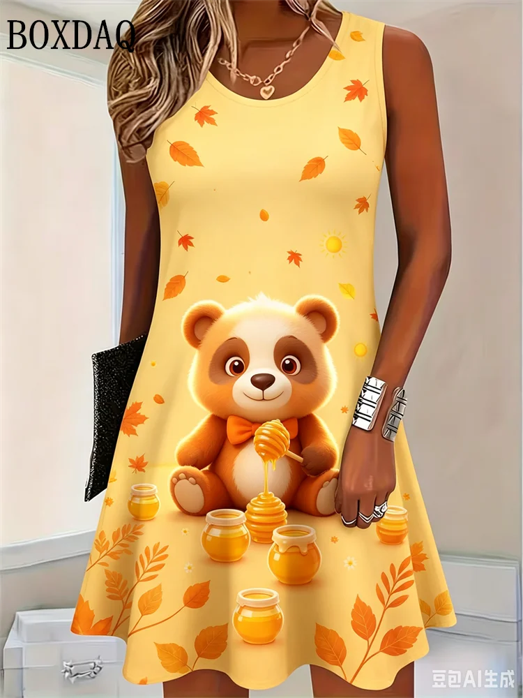 Cartoon Themed Cute Panda Maple Leaf 3D Printed Dresses For Women 2026 Fashion Clothing Summer Short Sleeve Loose A-Line Dress
