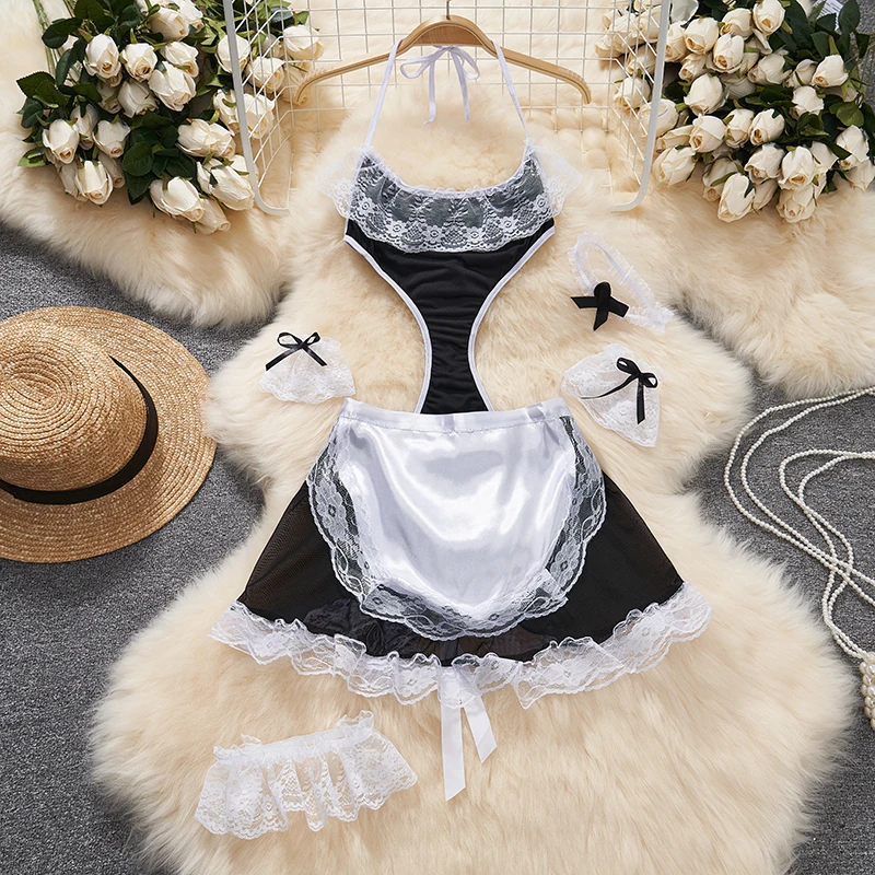 Sexy Lingerie Lace-up Top Cosplay Maid Uniform Bodysuit Set Mini Skirt Patchwork Lace Edge Backless Jumsuit Hollow Women Suits