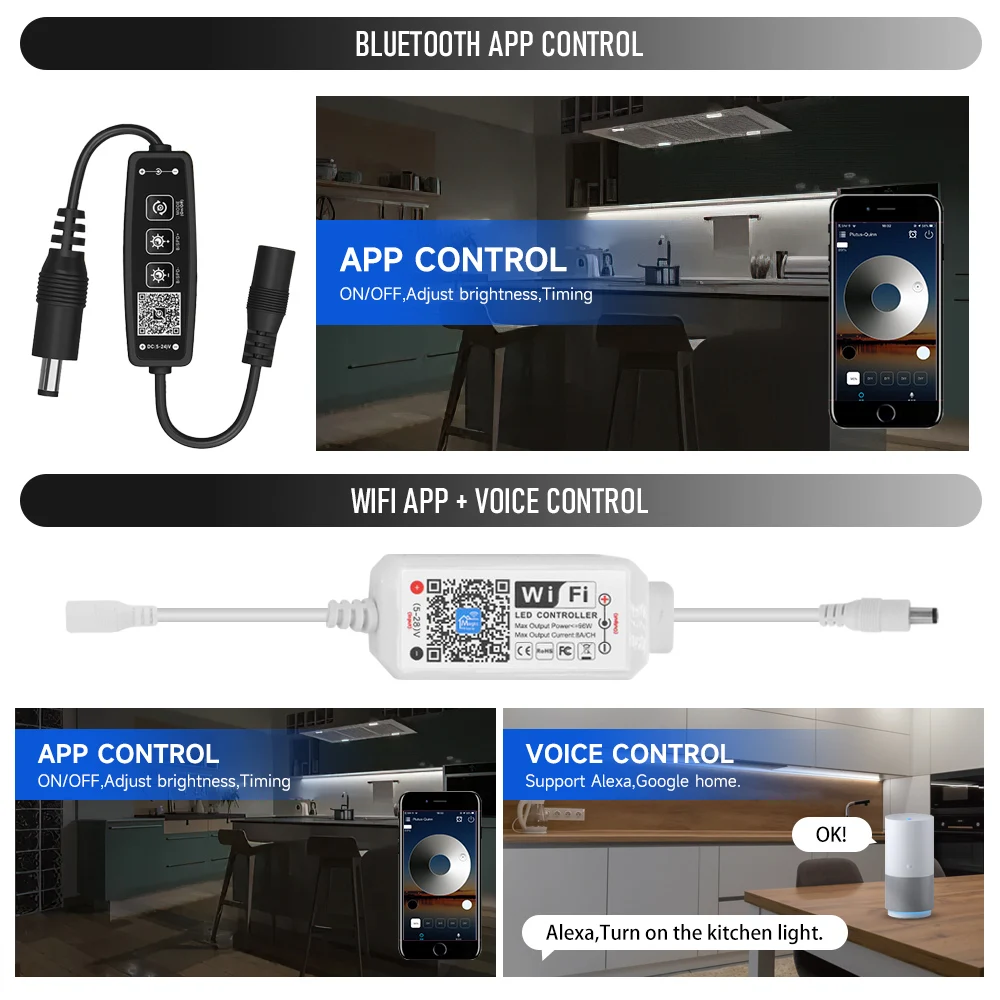 Tira de luces LED con Control por aplicación, luz de neón impermeable para debajo del gabinete, armario, dormitorio, luz de fondo, lámpara de noche