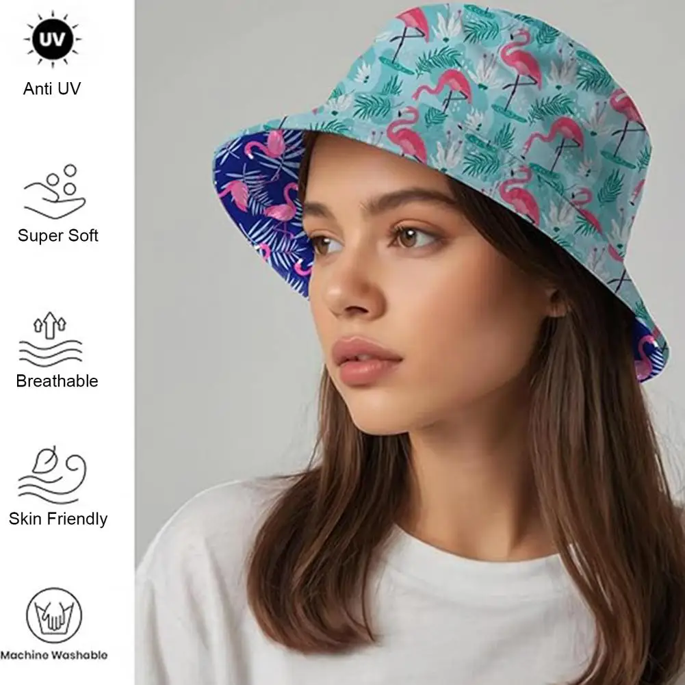 Women/men Fisherman Hat Flamingo Printing Double sided Unisex Sun Hat UV Foldable Short Brim Travel Camping Cap