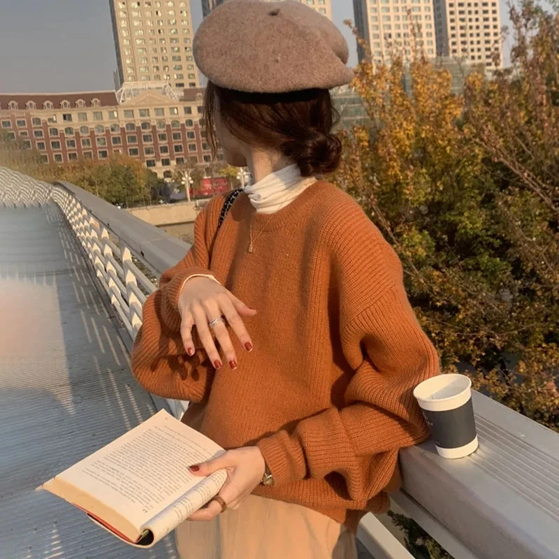 Loose Pumpkin Colored Thick Warm Knitted Sweater For Women In Autumn Winter Worn An Outerwear Pullover Sweater And Inner Layer