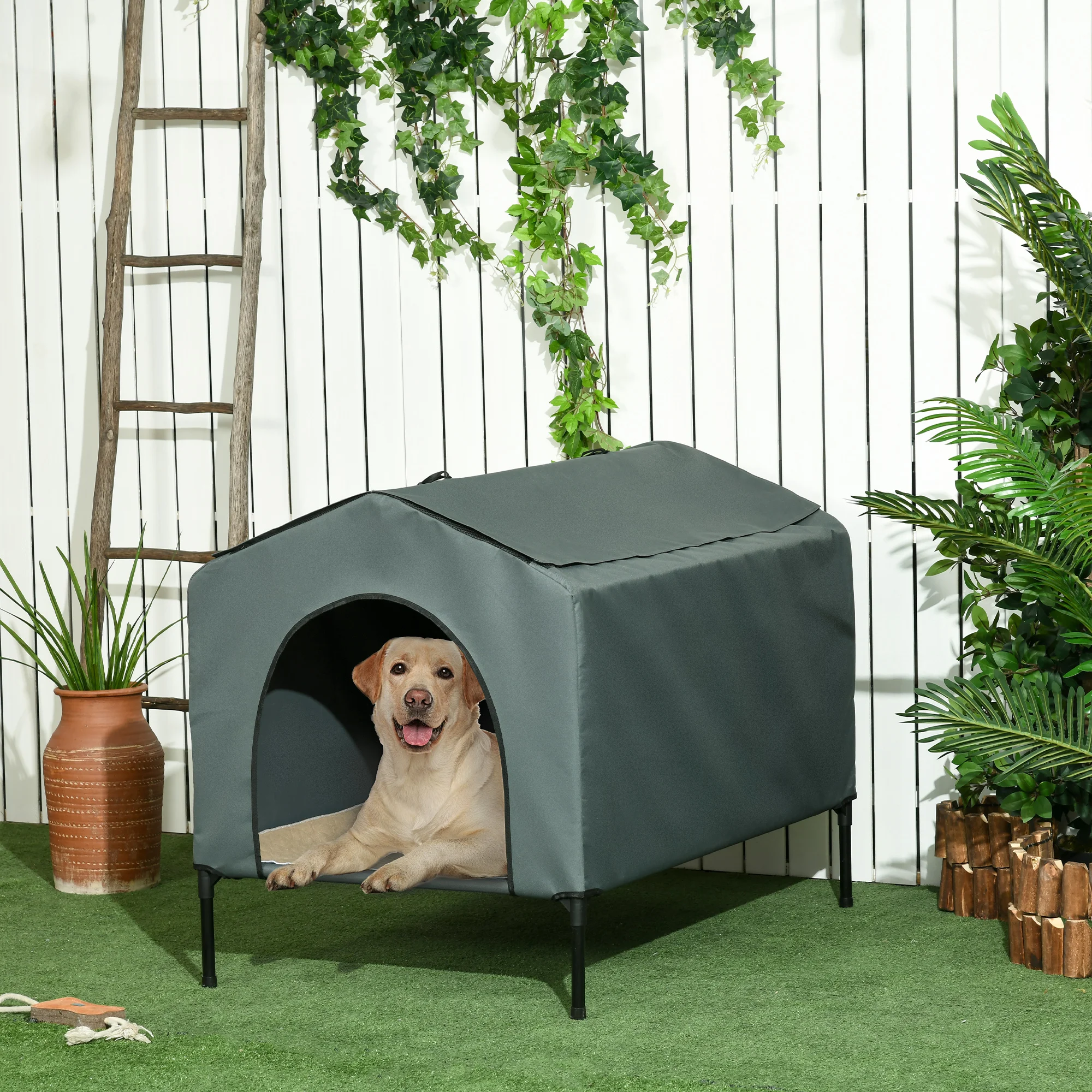 PawHut Dog Doghouse with Outer Cover 110x75x87 cm Raised Pet Bed with Cushion and Windows Roll Mesh for Big Dogs Grey