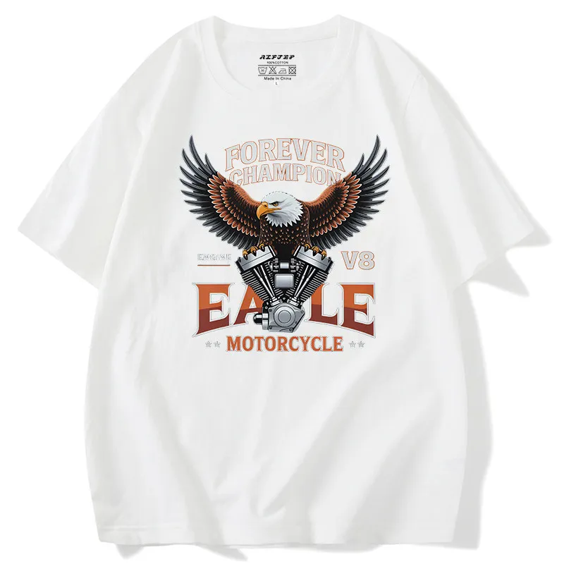 Vintage Trend Brand Eagle Wings Motorcycle Engine Short-sleeved Street Motorcycle Team Pure Cotton Children's and Adult T-shirt