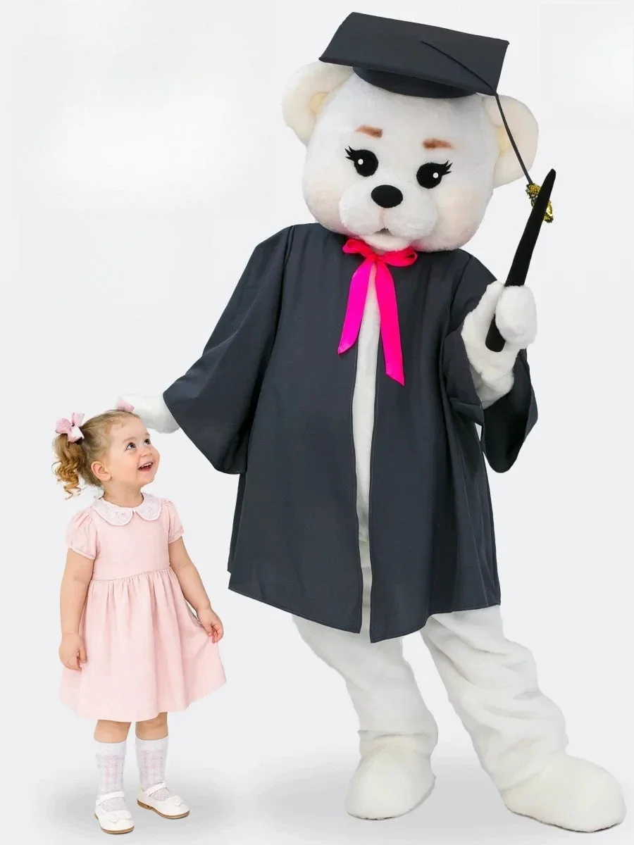 

Костюм белого медведя-талисмана с черной академической мантией и шапкой для Хэллоуина, Рождества, дней рождения, свадеб, выступлений и маскарадов