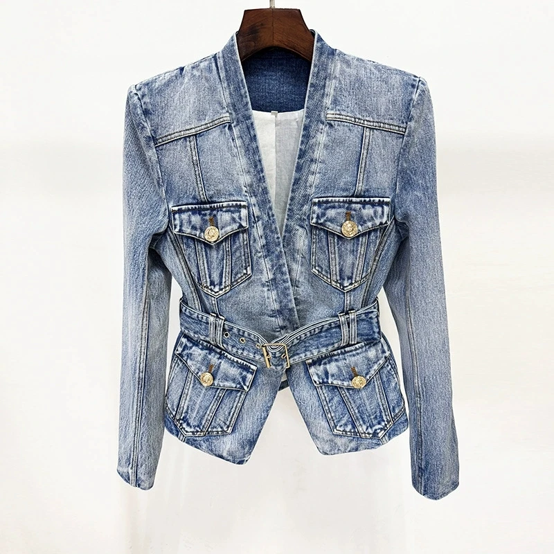 LEOSOXSAutumn New Fashionable Temperament Commuting Slim Fit Belt Socialite Women's Cardigan Long Sleeved VNeck Denim Suit