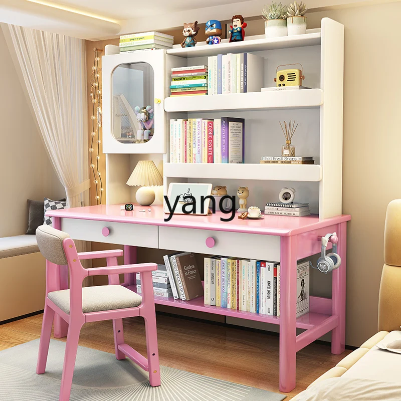 xyy pink desk girl household solid wood study table with bookshelf bookcase integrated