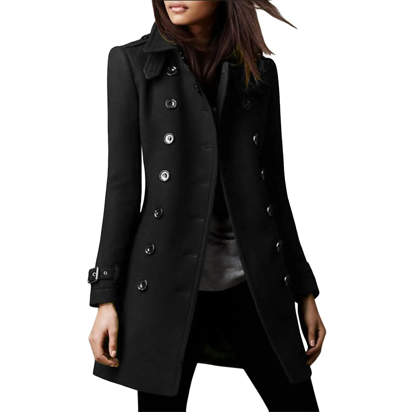 

Double-breasted Long Black Ladies Overcoat Jacket Korean Version Autumn Winter Lapel Collar Pocket New Outerwear Coat Tops