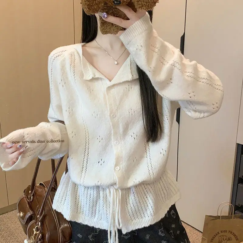 Women's 2026 Korean Tie Waist Cream Cutout Knit Cardigan Thin Chic Coquette Streetwear Trendy Top Outerwear