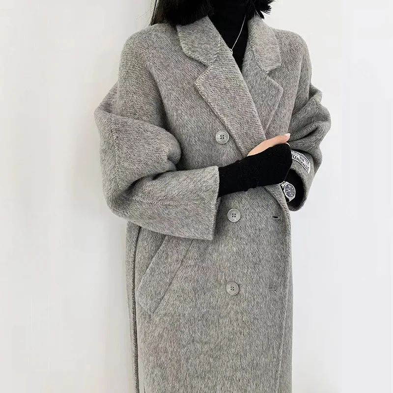 2023 Autumn  Women Drouble Breasted Woolen Coat With Belt Mulberry Silk Cashmere Winter Clothes Long Coats Tops New